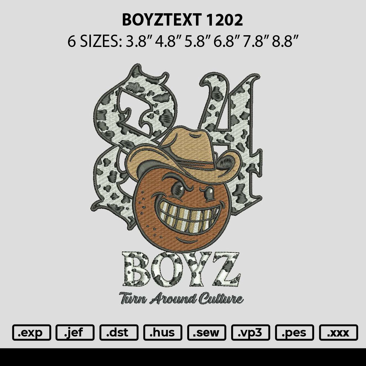 Boyztext 1202 Embroidery File 6 sizes