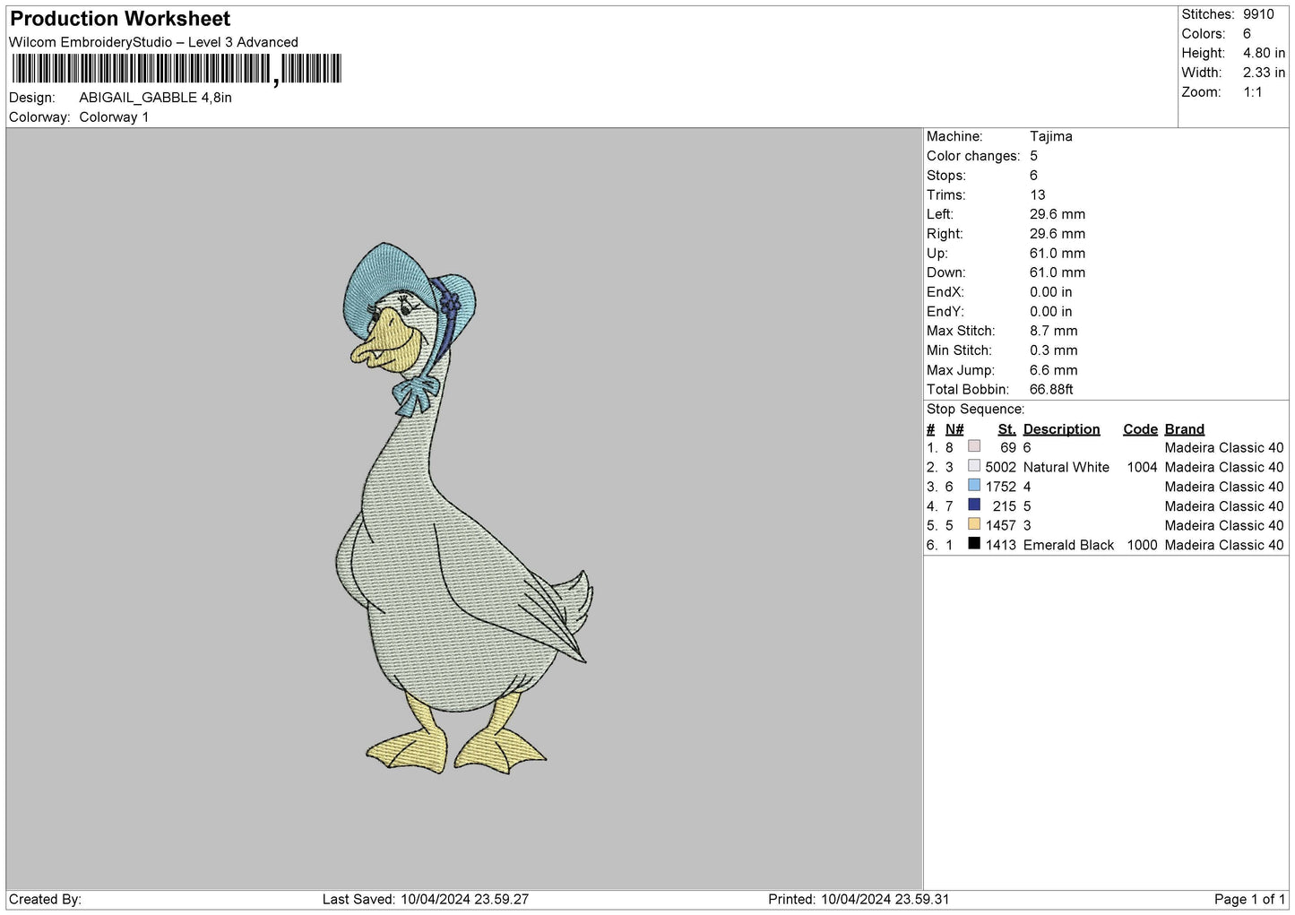Blueduck Embroidery File 6 sizes