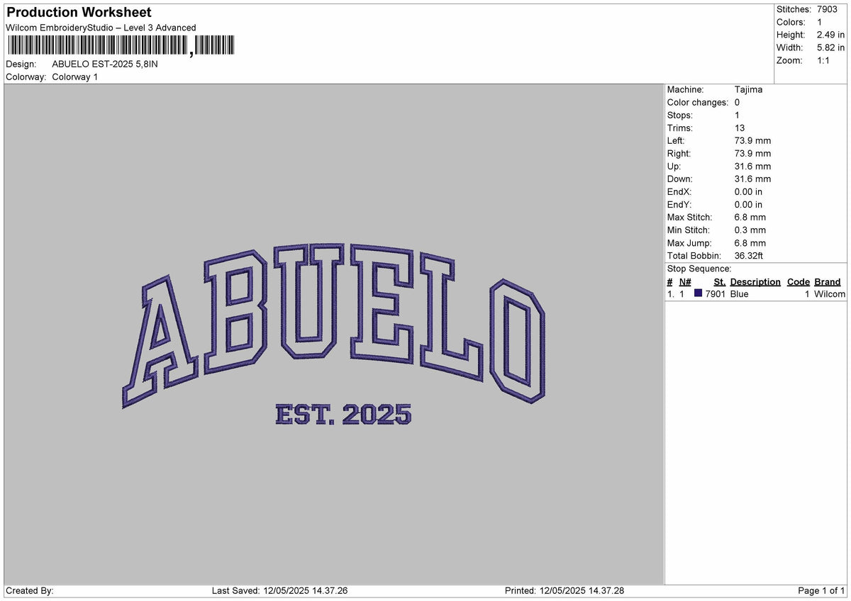 ABUELO Embroidery File 6 Size