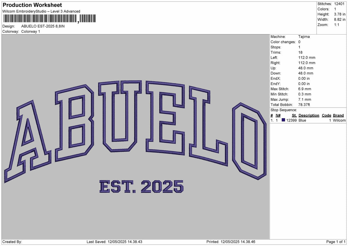 ABUELO Embroidery File 6 Size