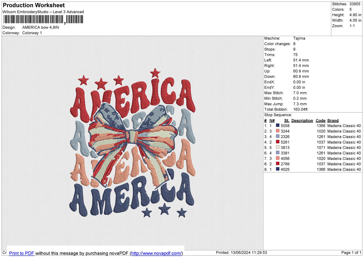 AMERICA Bow Embroidery File 6 size