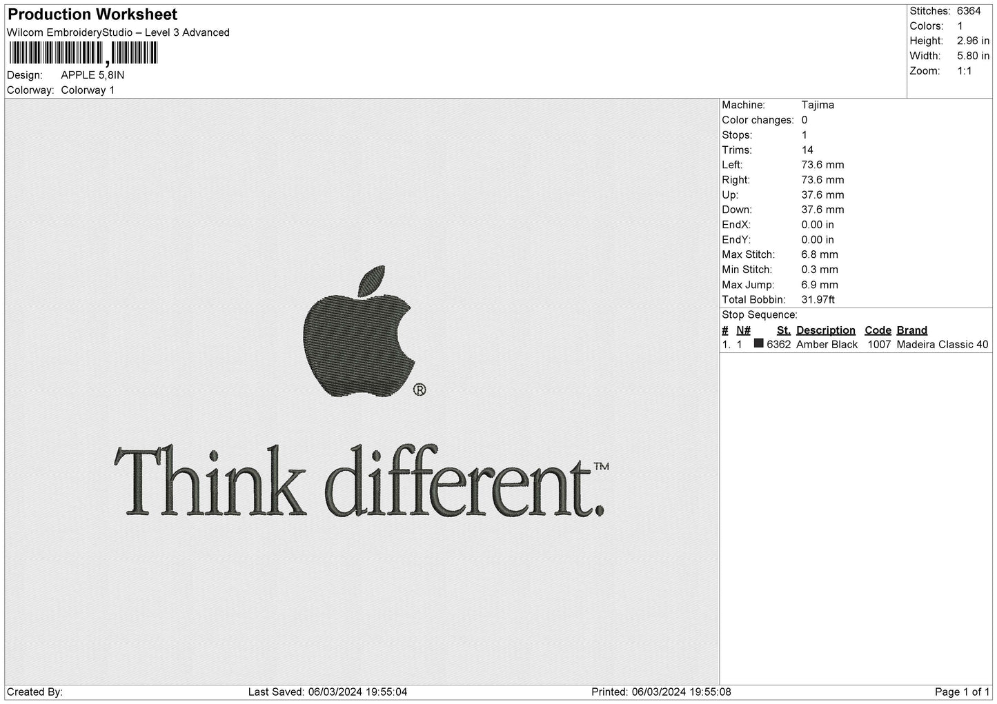 APPLE Embroidery File 6 size