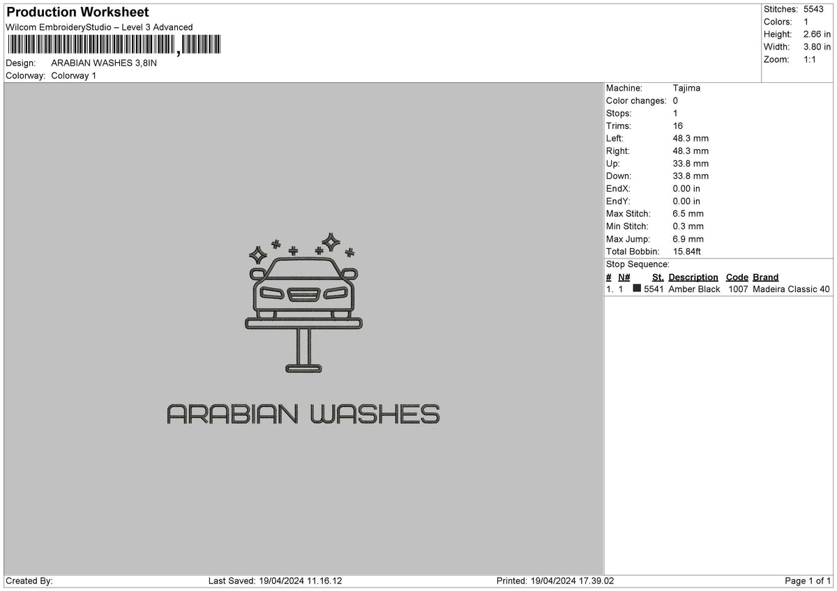 Carwash1904 Embroidery File 6 sizes