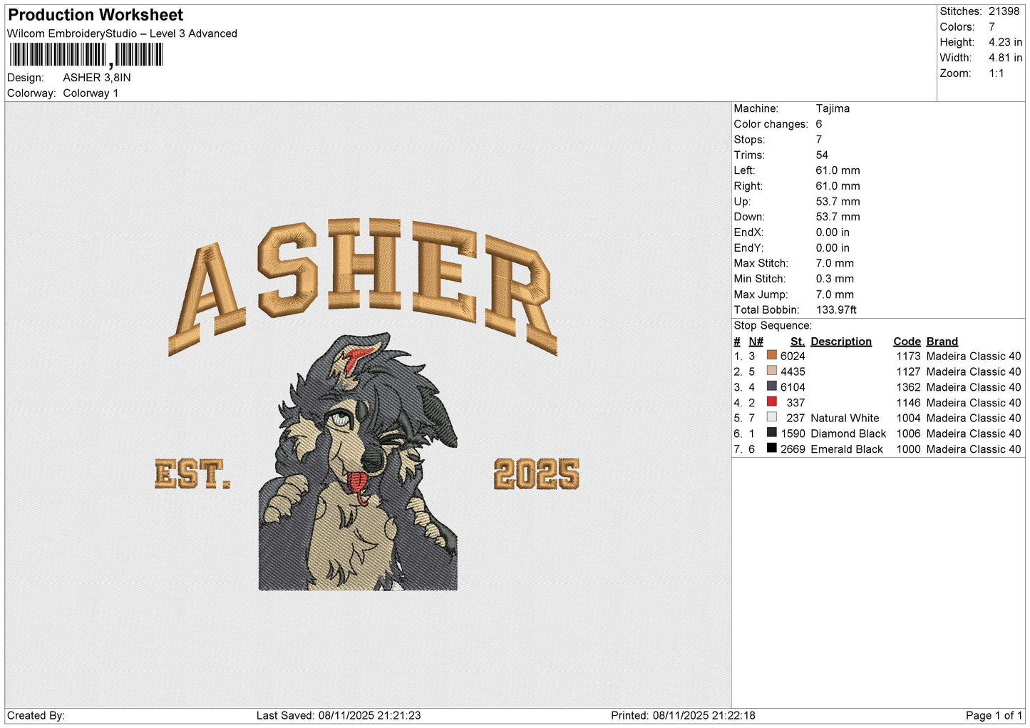 ASHER Embroidery File 6 sizes