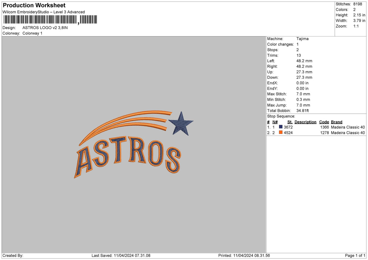 Astros V02 Embroidery File 6 sizes