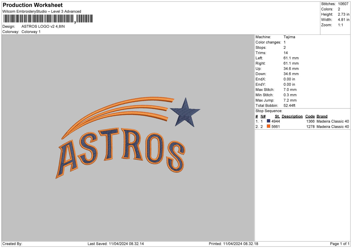 Astros V02 Embroidery File 6 sizes