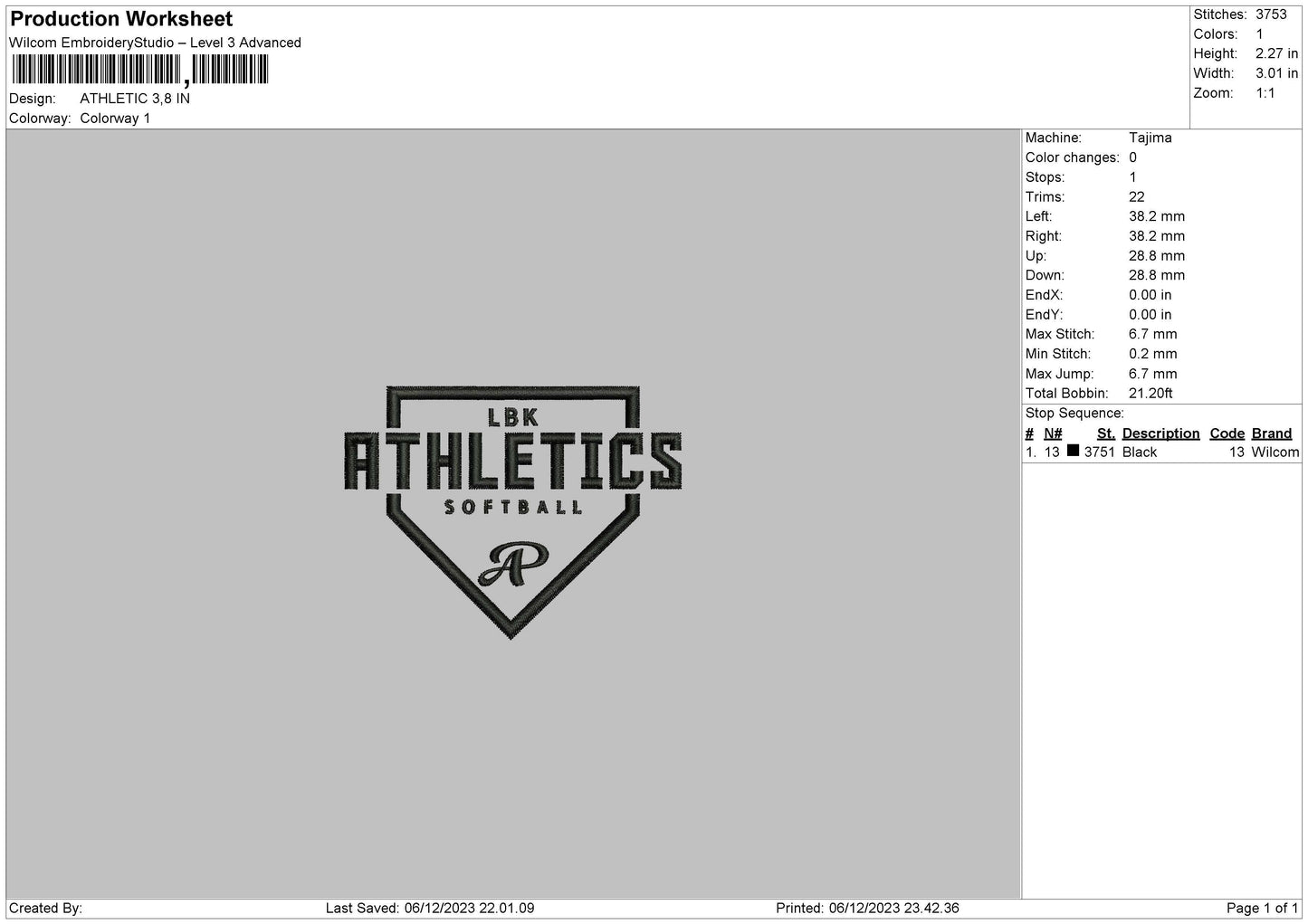 Athletic 0612 Embroidery File 6 sizes
