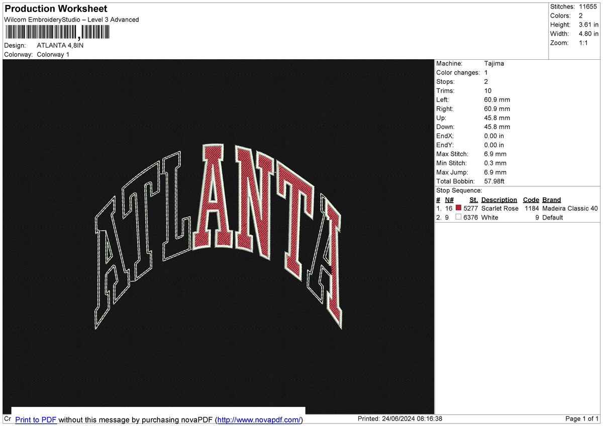 ATLANTA Embroidery File 6 size