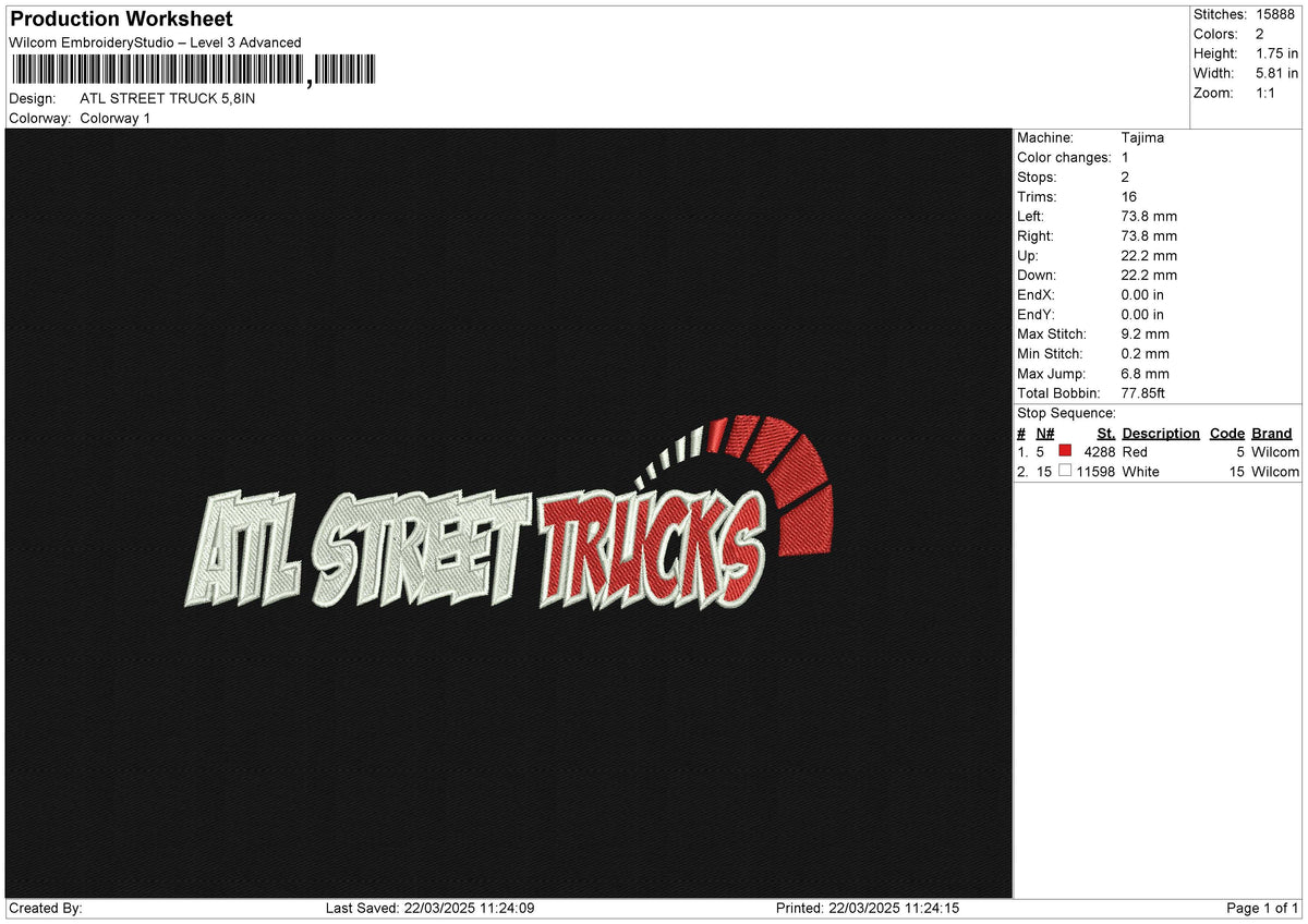 ATL STREET TRUCK Embroidery File 6 size