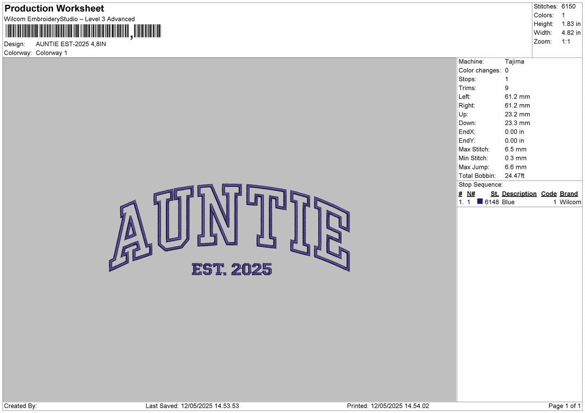 AUNTIE Embroidery File 6 Size