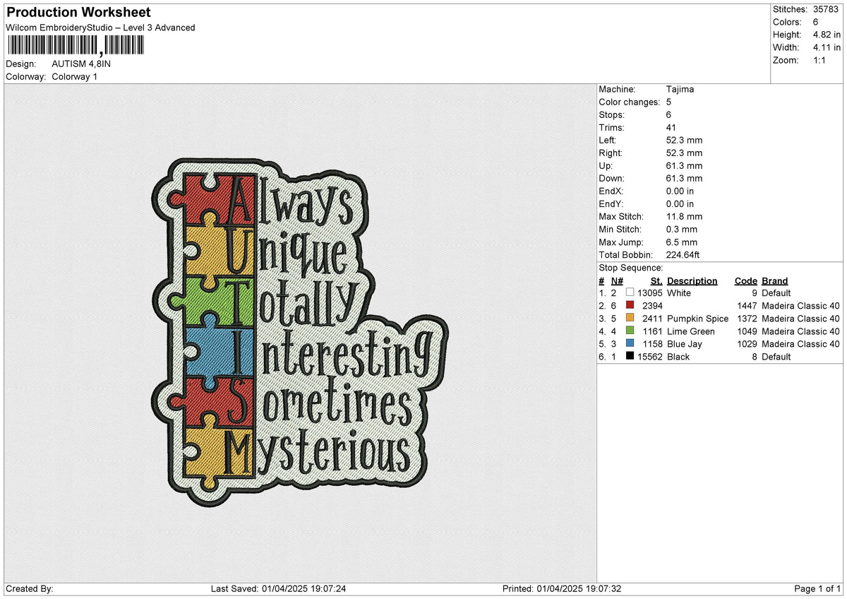 AUTISM Embroidery File 6 size