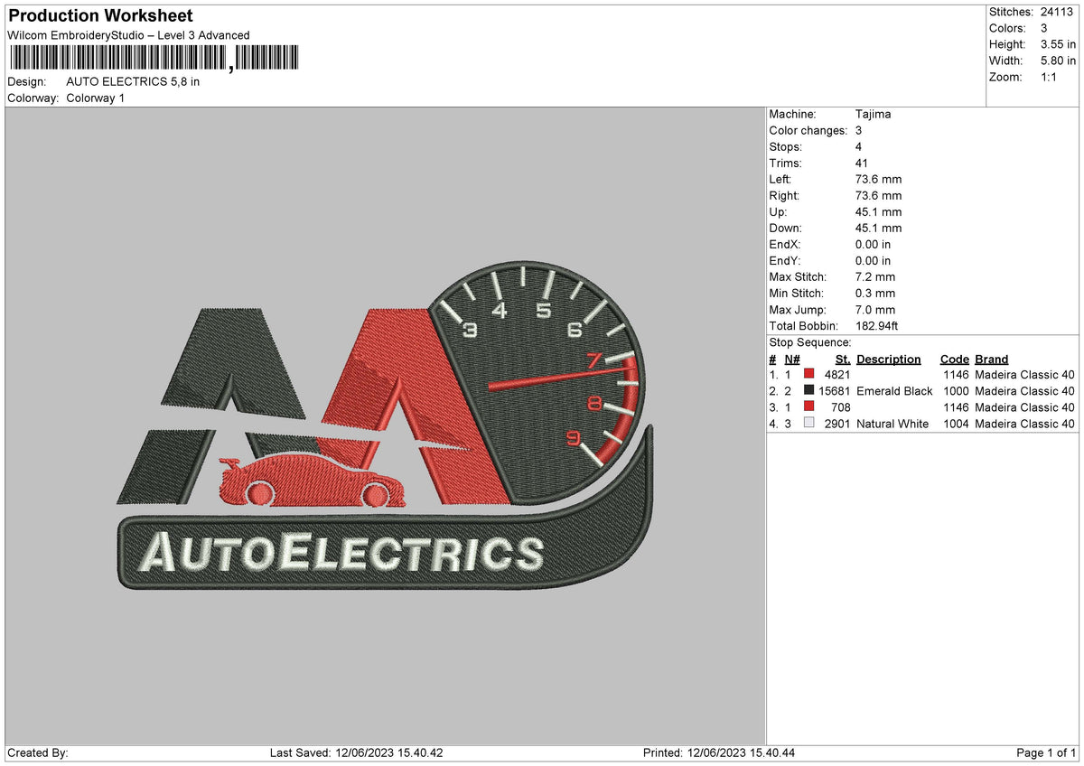 Auto Electrics Embroidery File 6 sizes