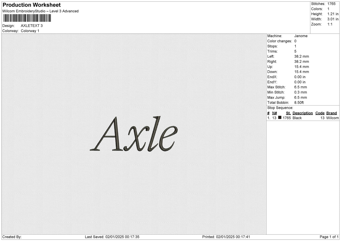 AXLETEXT Embroidery File 6 size