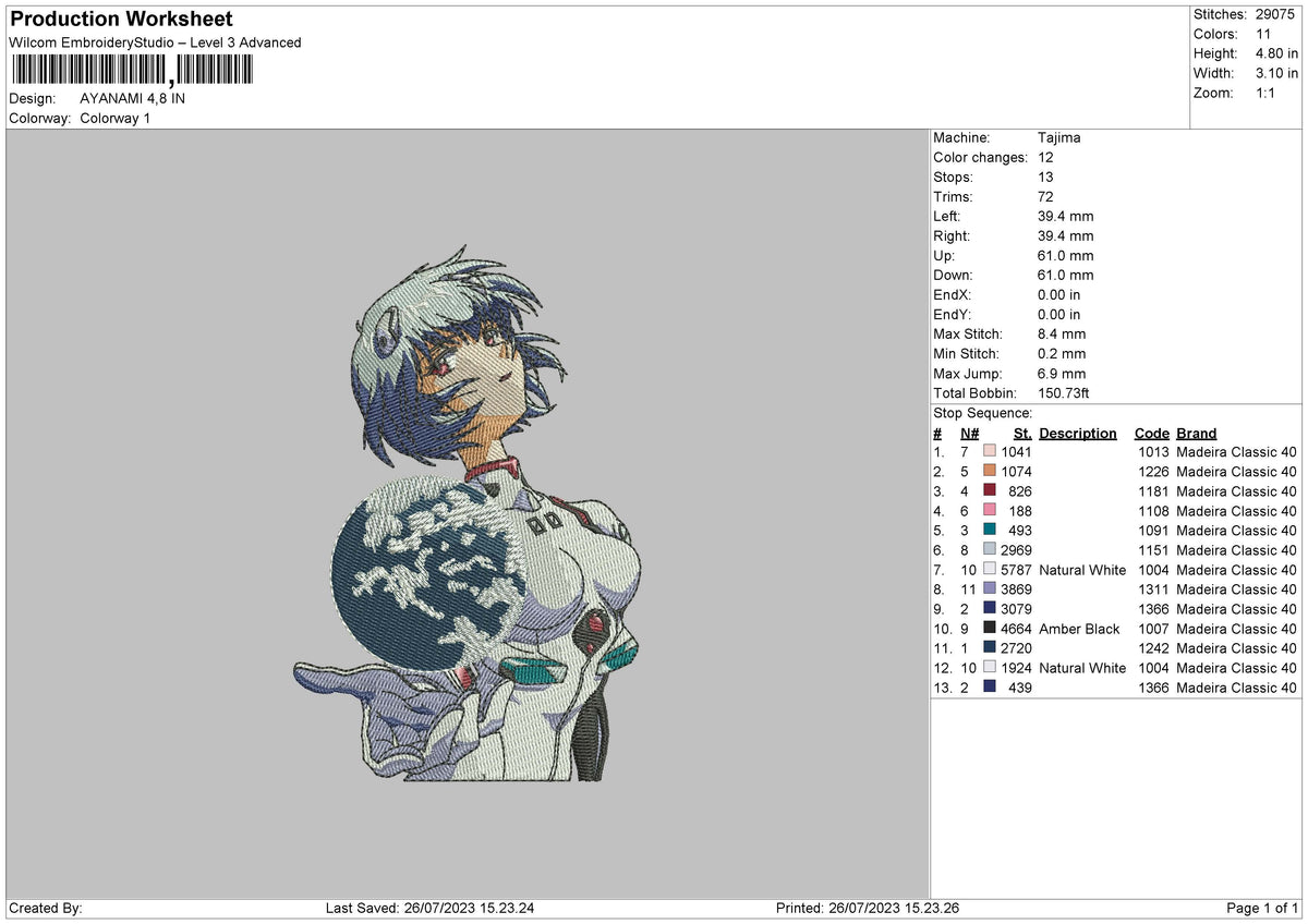 Ayanami Embroidery File 6 sizes