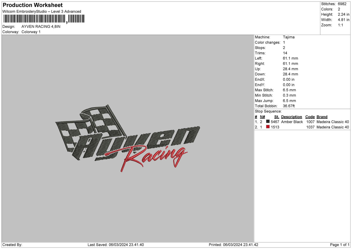 Racing 01 Embroidery File 6 sizes