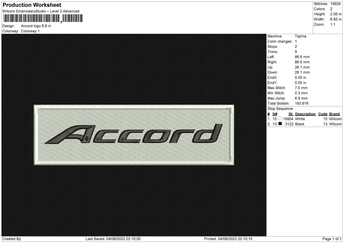 Accord logo Embroidery File 6 size