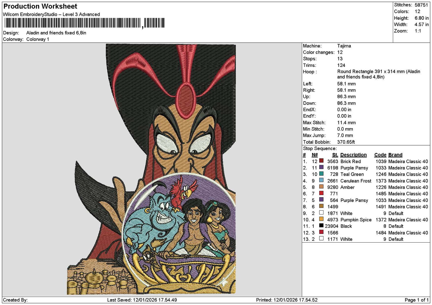 Aladdin1101 Embroidery File 6 sizes