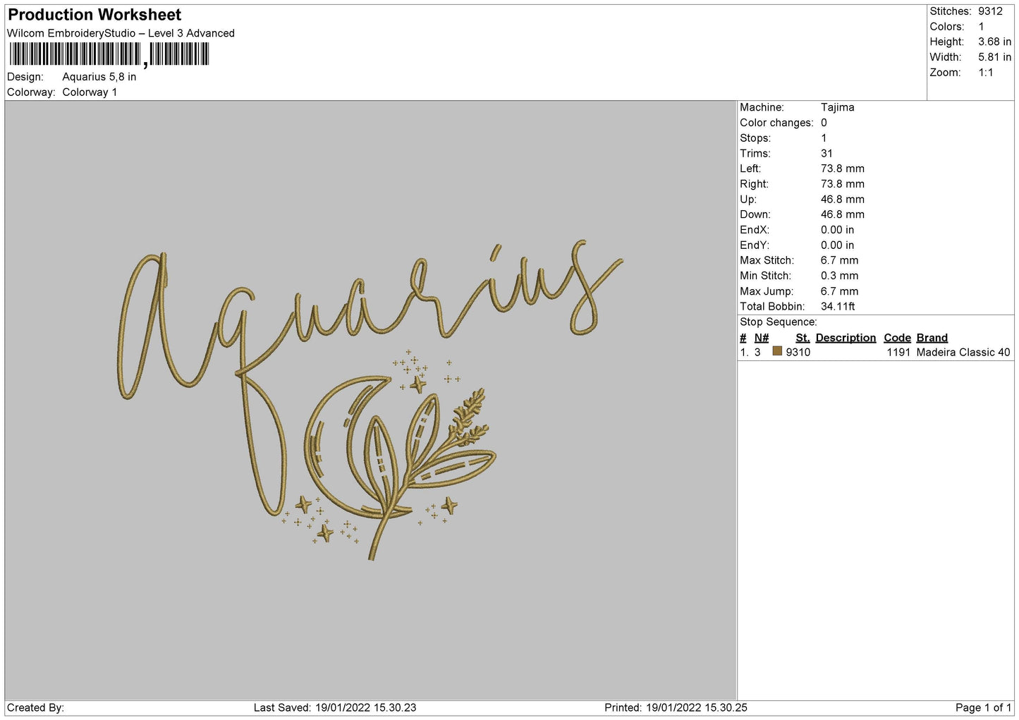 Aquarius Embroidery