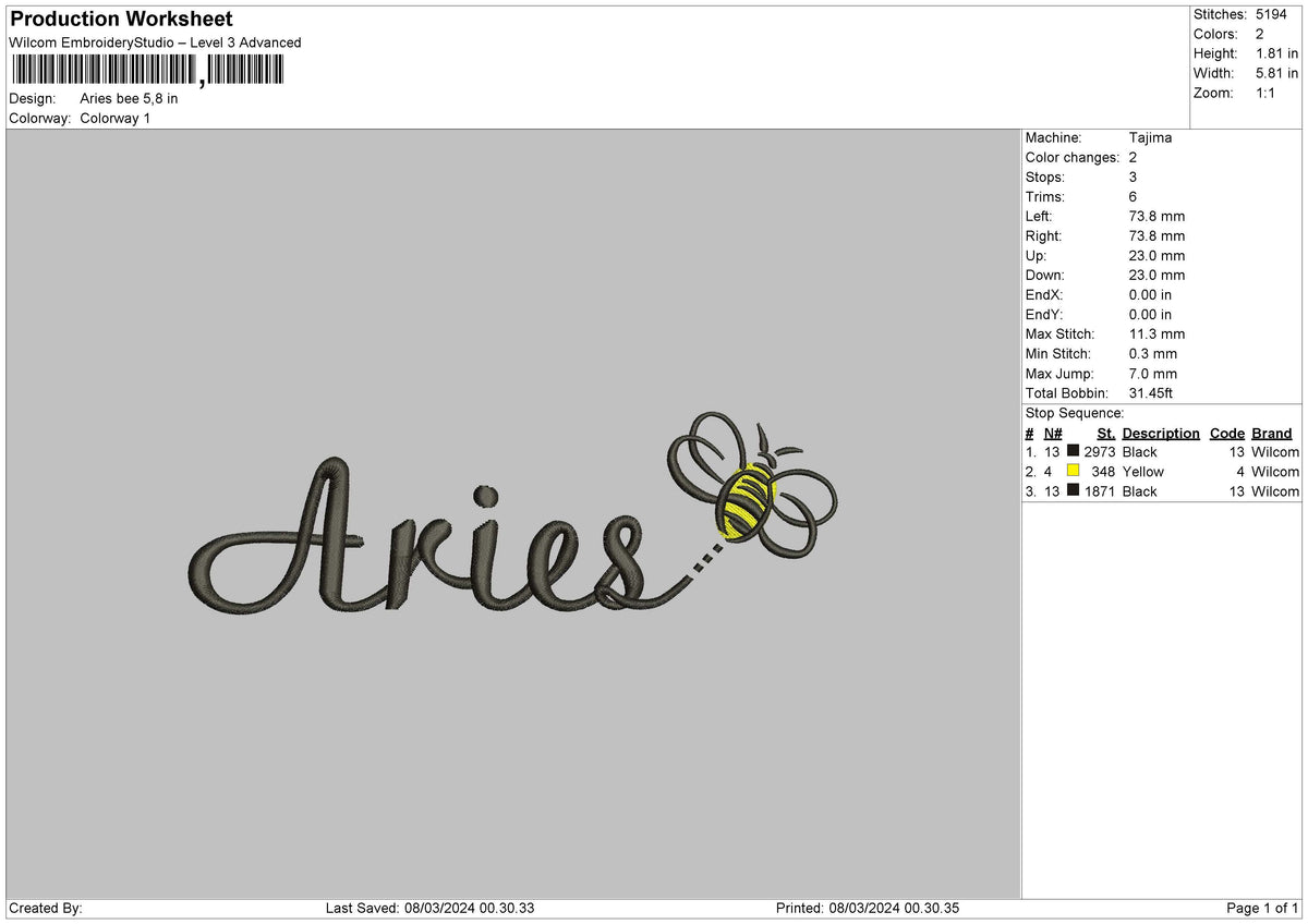 Aries Text Embroidery File 6 sizes