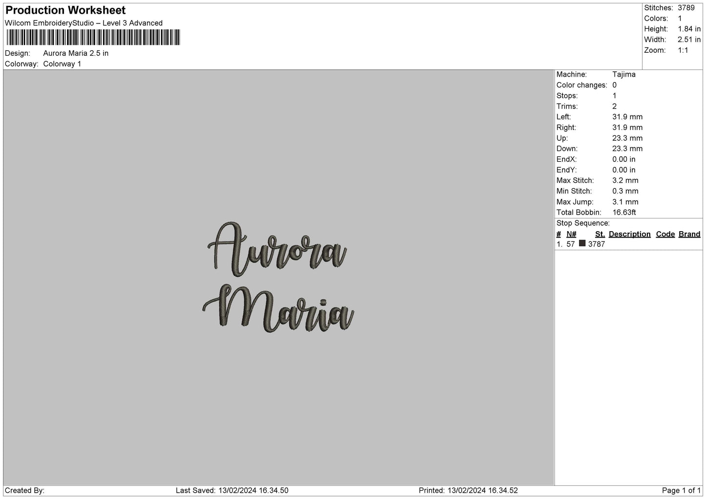 Aurora Text Embroidery File 6 Sizes