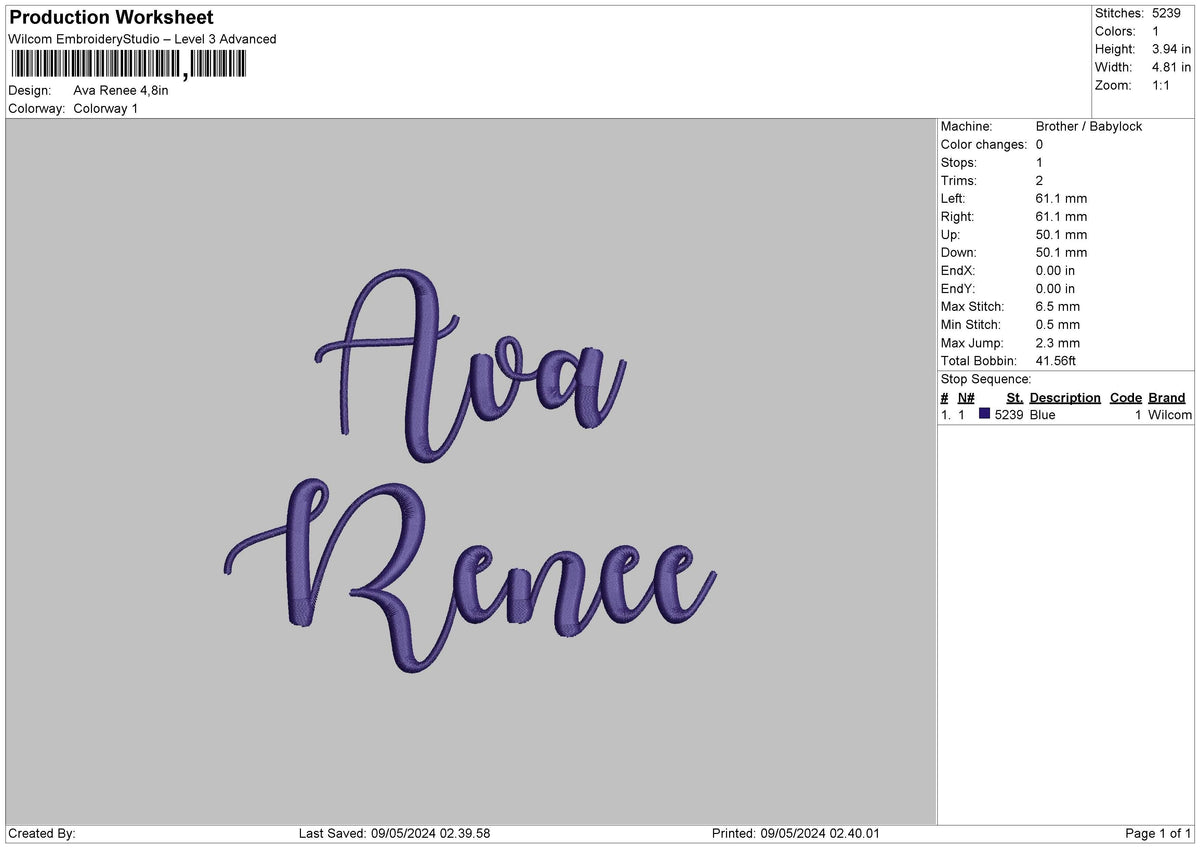 Ava Text Embroidery File 6 sizes