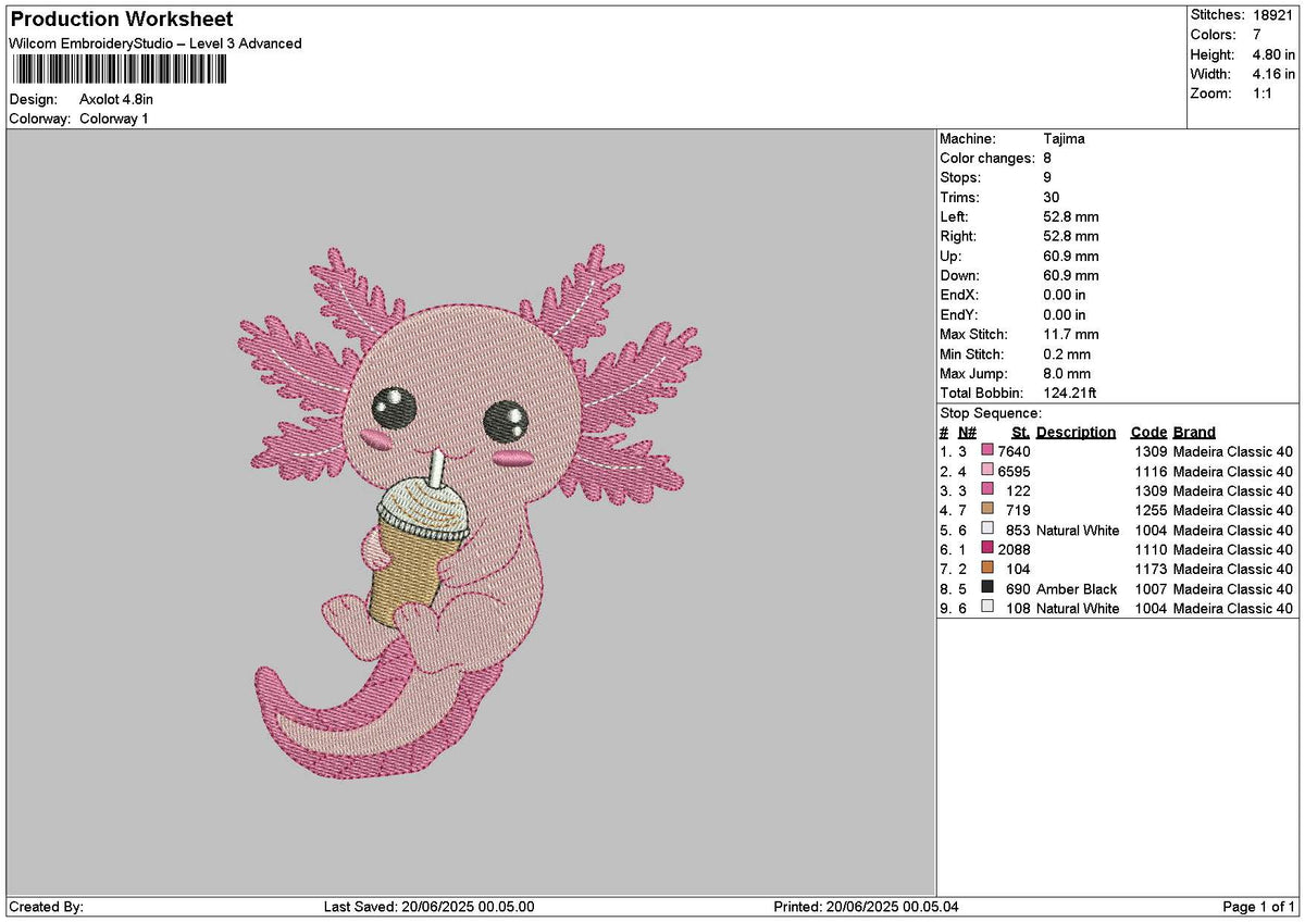 Axolot Embroidery File 6 sizes