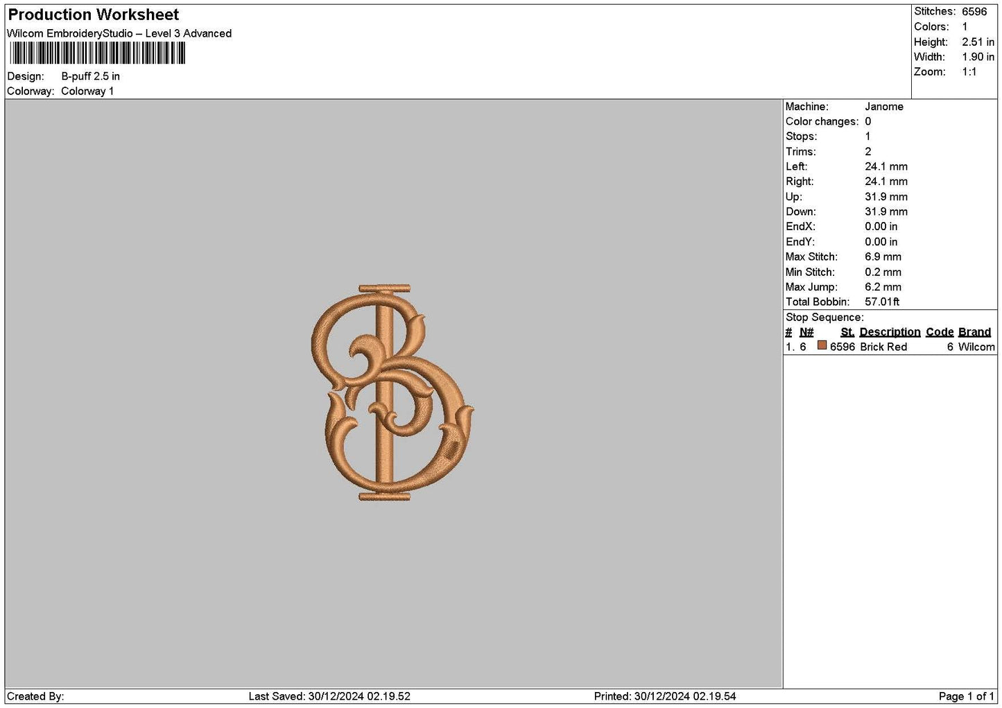 B Puff Embroidery File 6 sizes