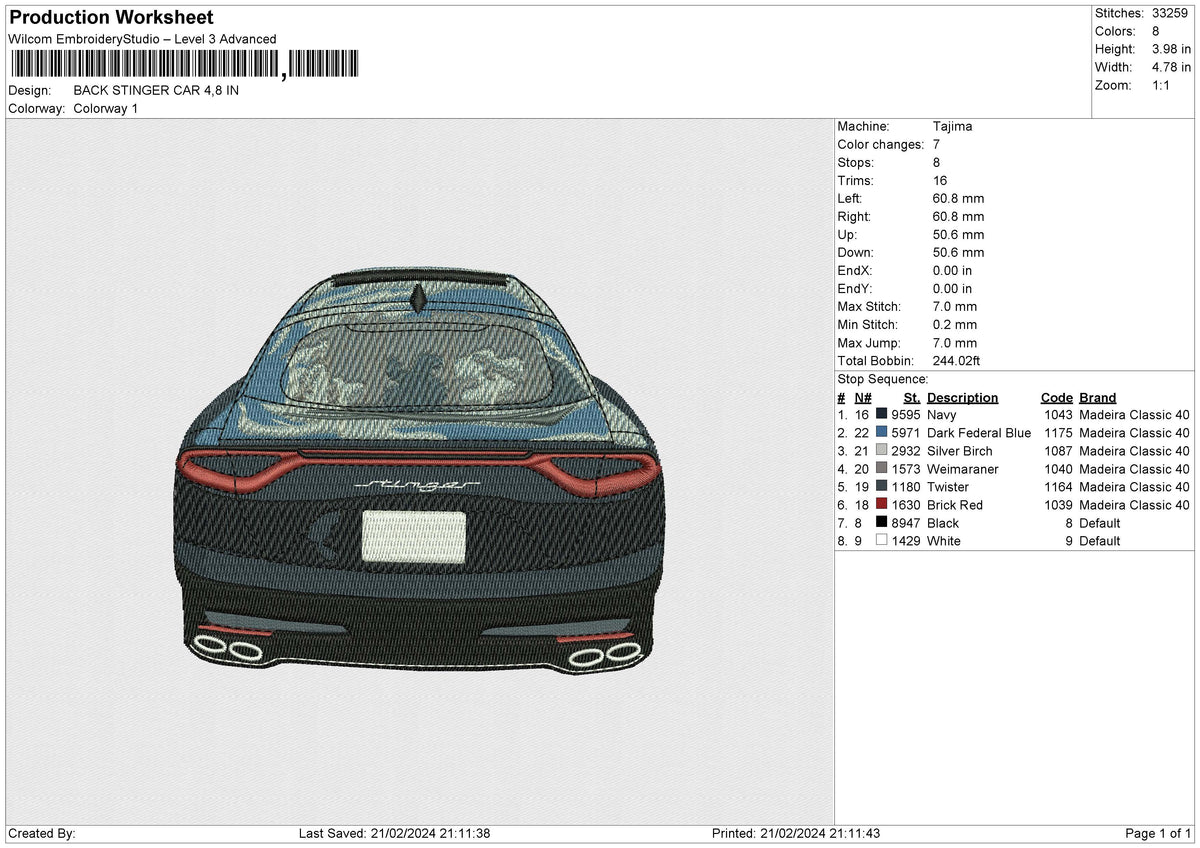 BACK STINGER CAR Embroidery File 6 size