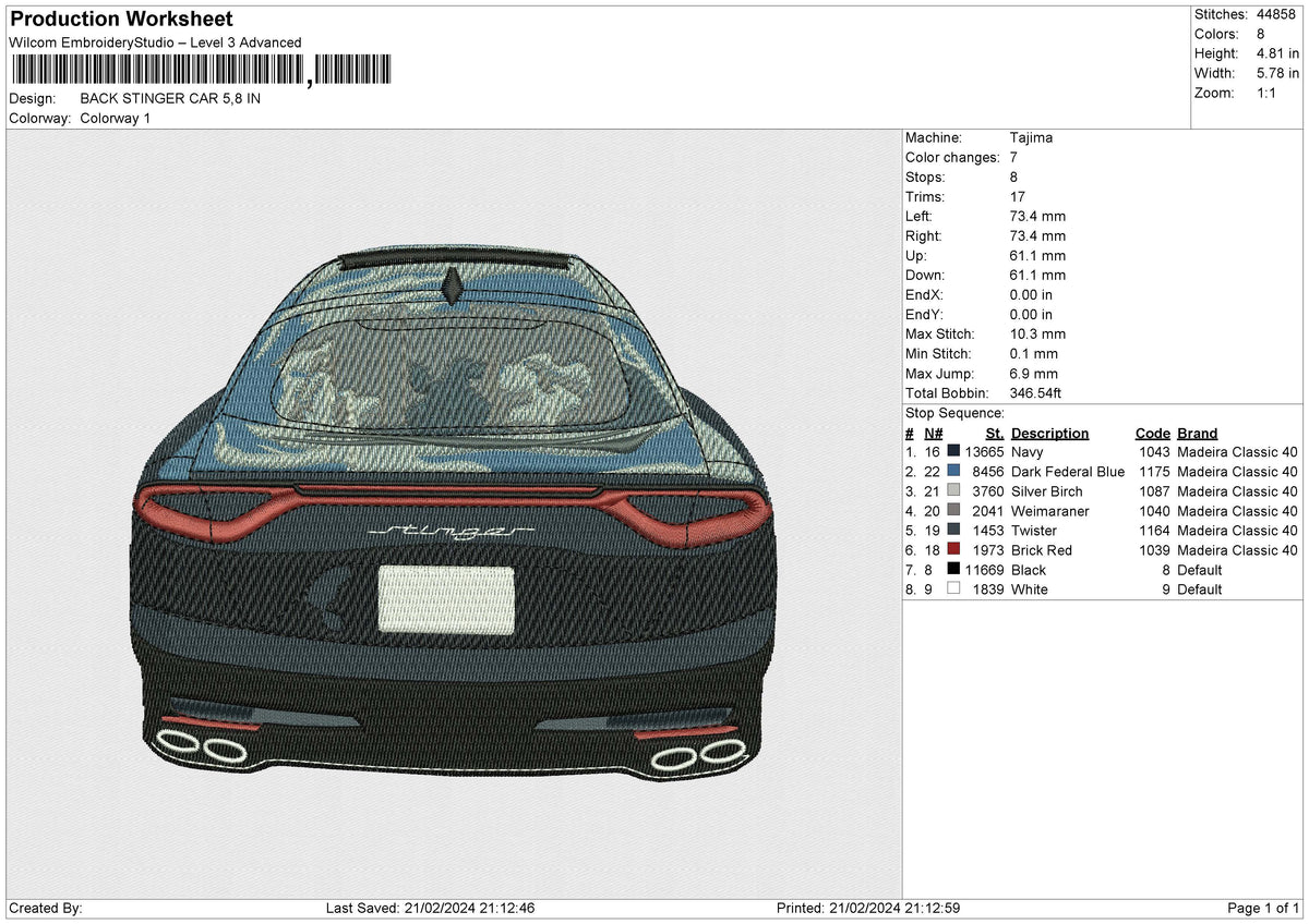 BACK STINGER CAR Embroidery File 6 size