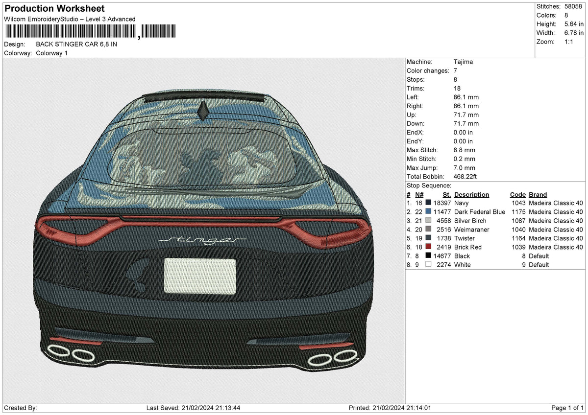BACK STINGER CAR Embroidery File 6 size