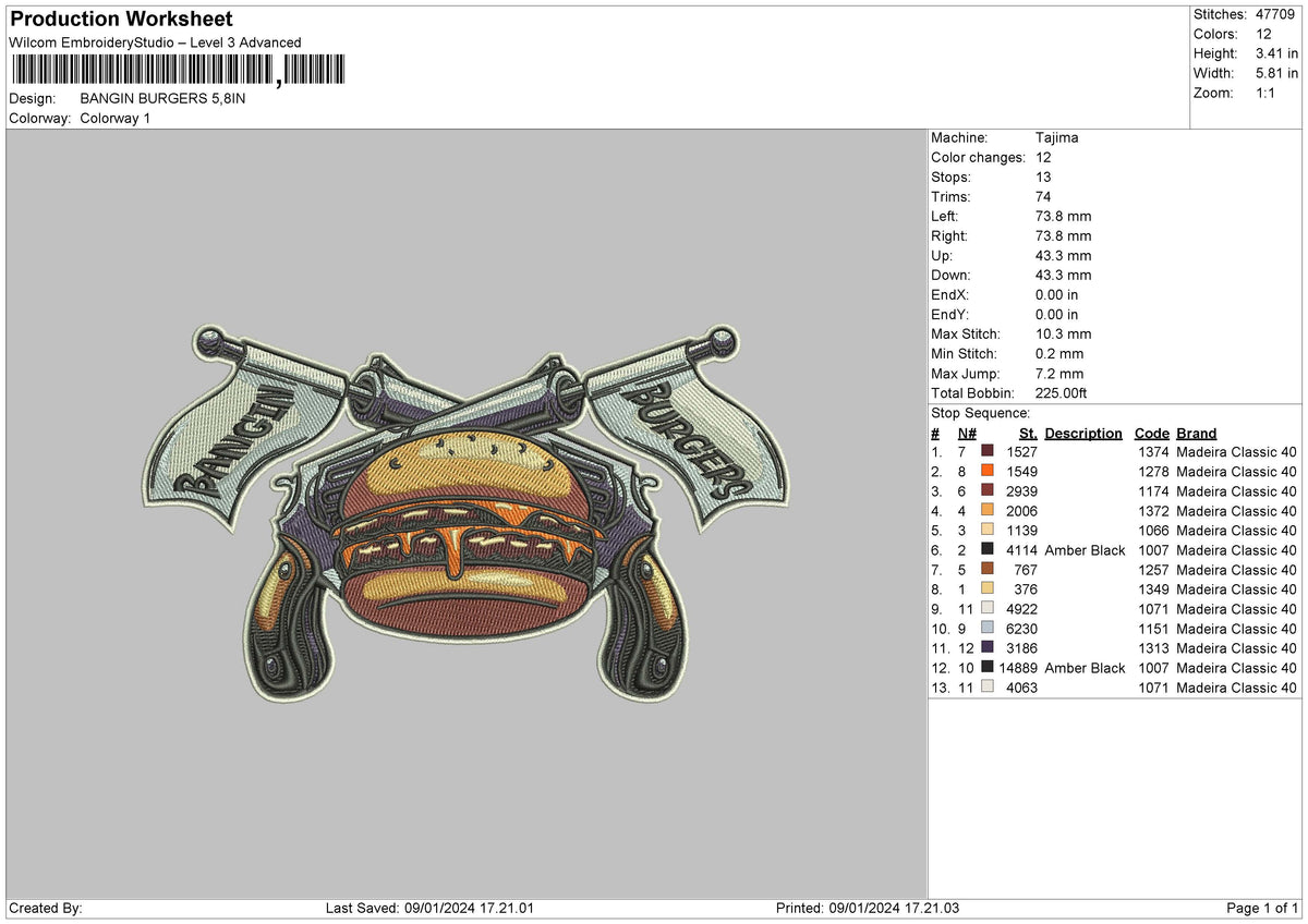 Burgers Embroidery File 6 sizes