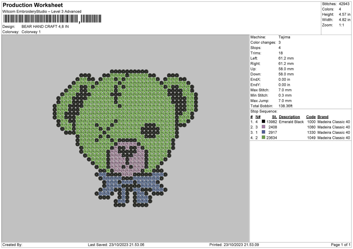 Bear Hand Craft Embroidery File 6 sizes