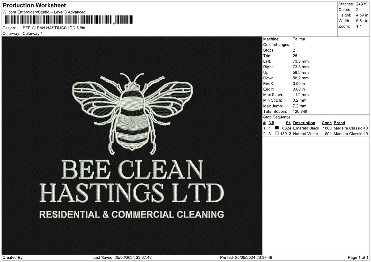 BEE CLEAN HASTINGS LTD Embroidery File 6 size