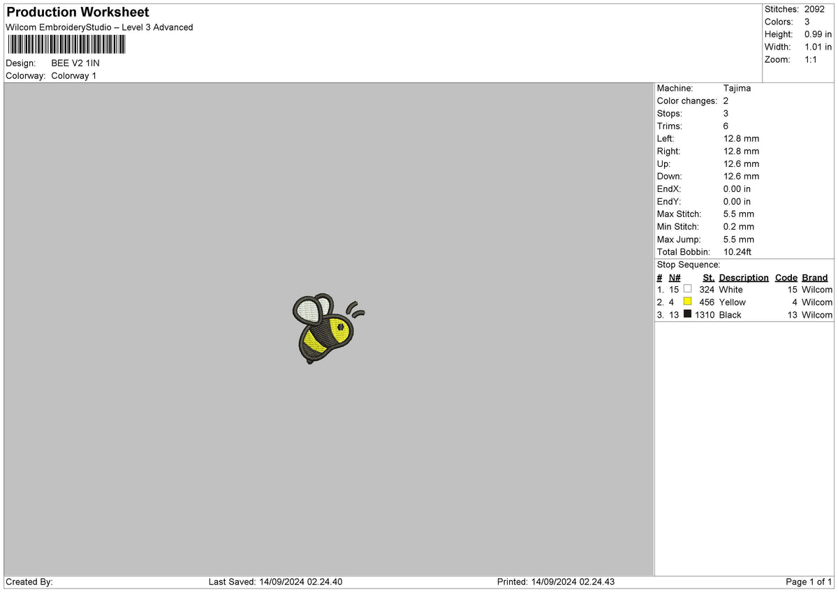 Bee V2 Embroidery File 6 sizes