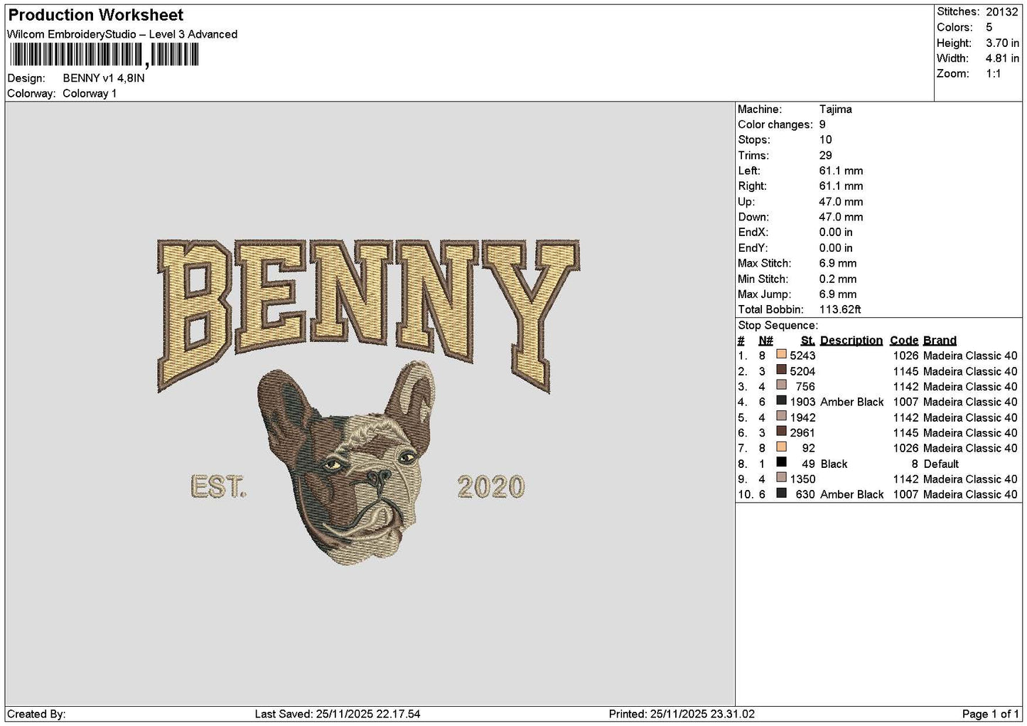 Benny Dog V1 Embroidery File 6 sizes
