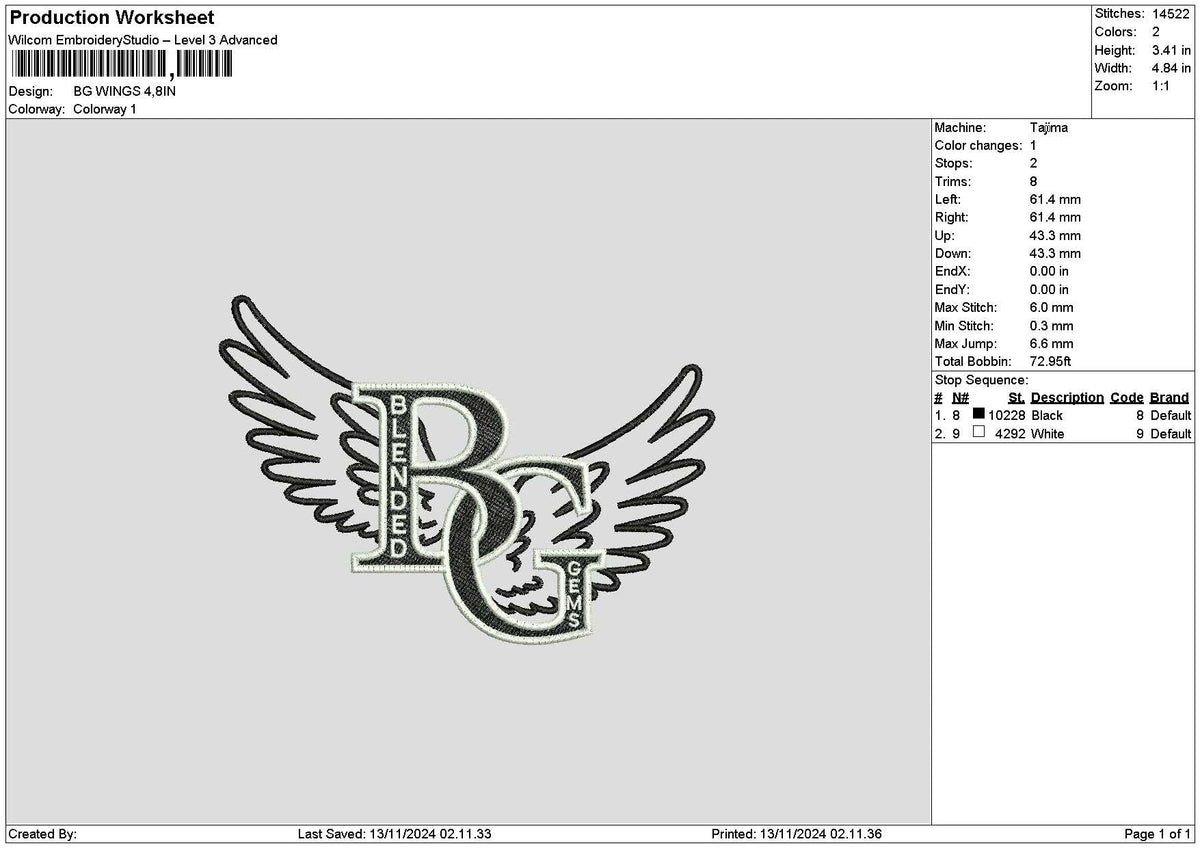 Bg Wings Embroidery File 6 sizes