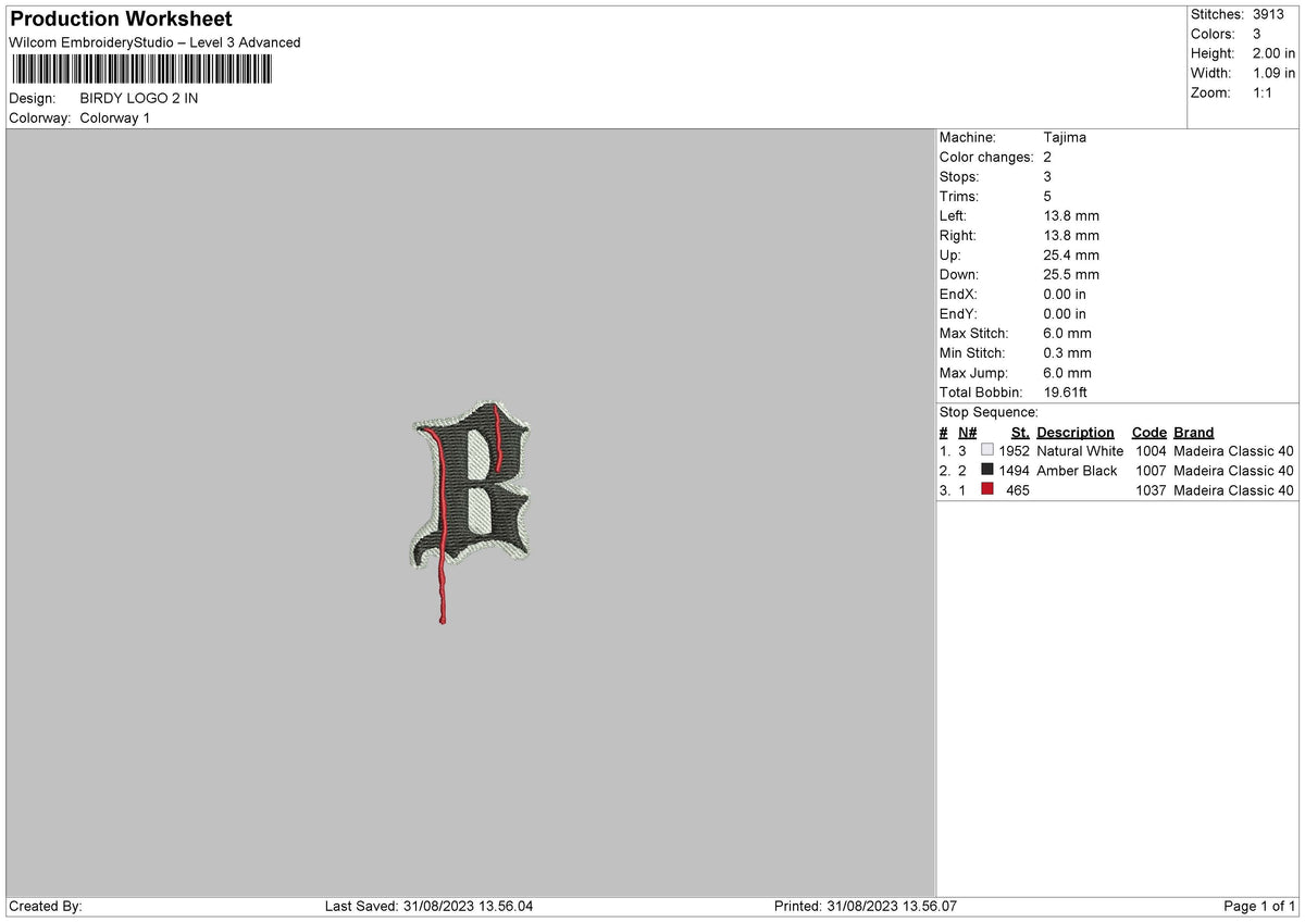 Birdy L Embroidery File 6 sizes