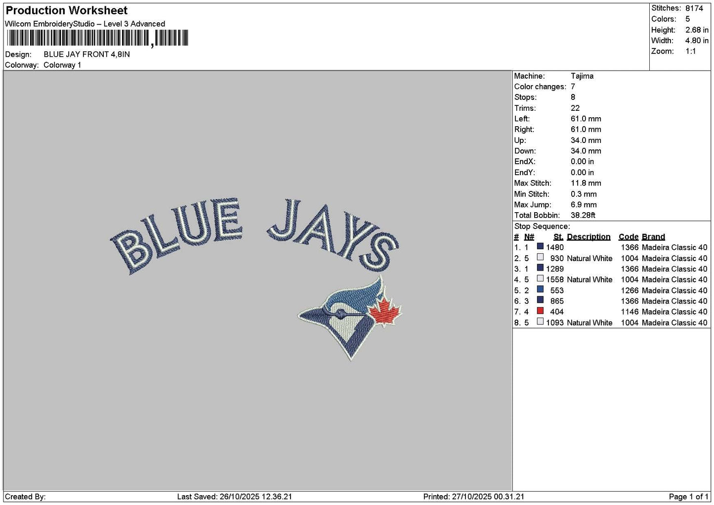 Bluetext Jays Embroidery File 6 sizes