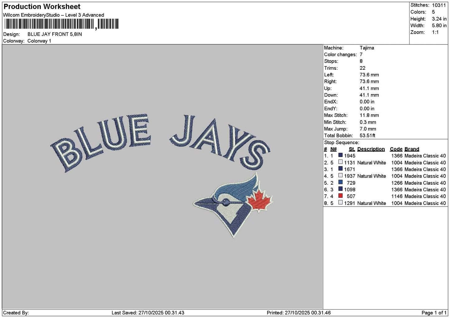Bluetext Jays Embroidery File 6 sizes