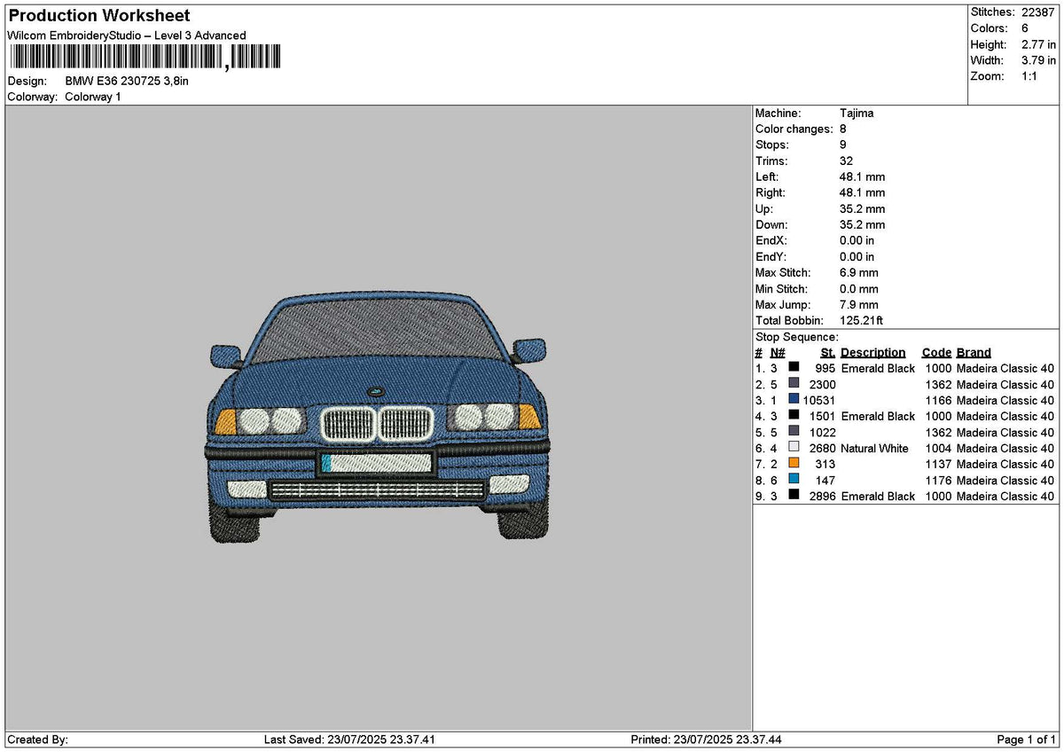 Blue Car 2307 Embroidery File 6 sizes