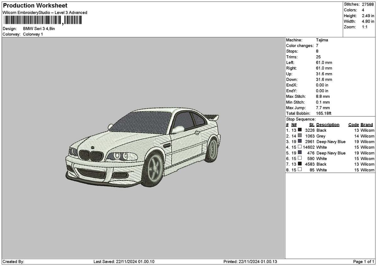 White Car 2211 Embroidery File 6 sizes