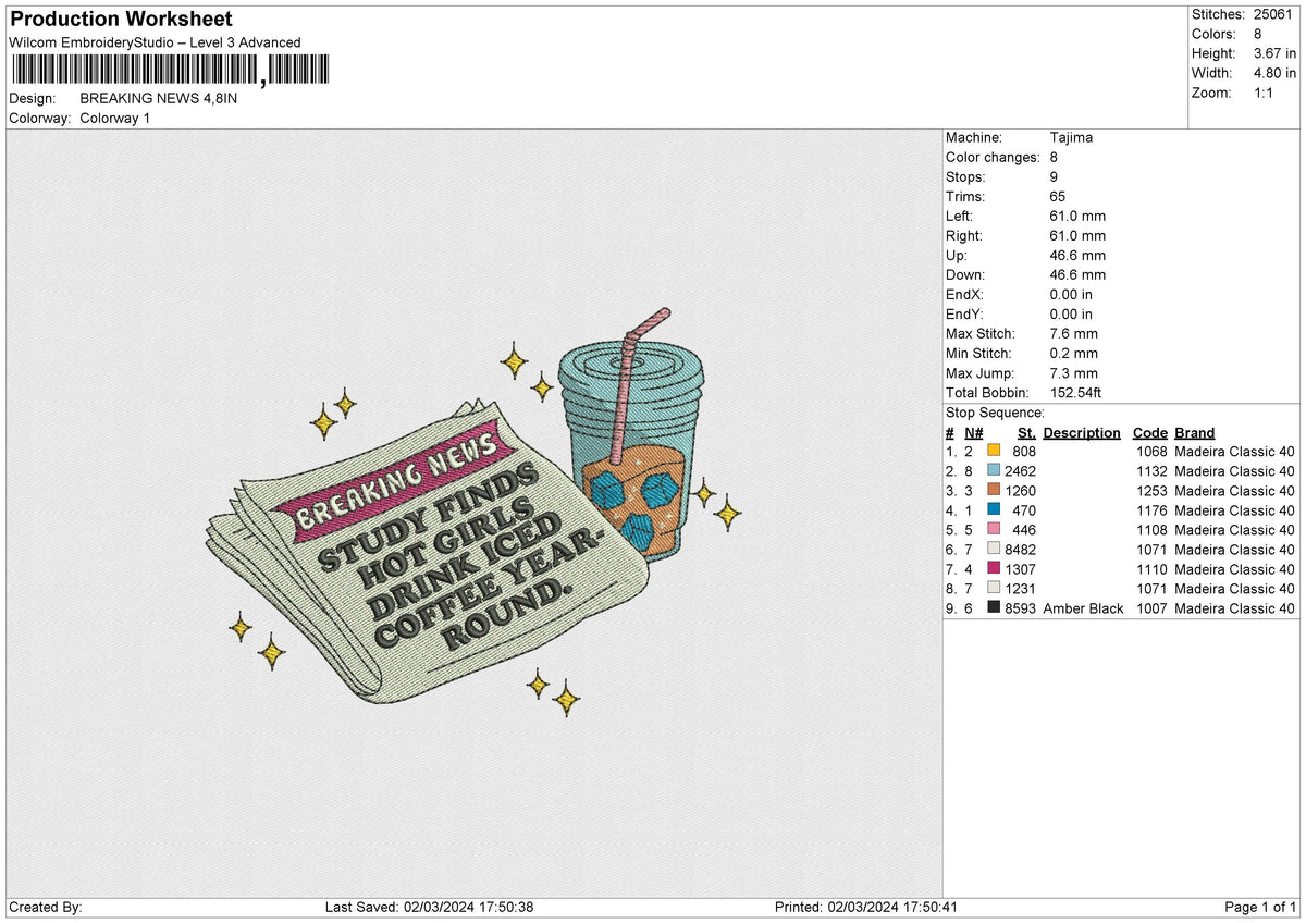 BREAKING NEWS Embroidery File 6 size