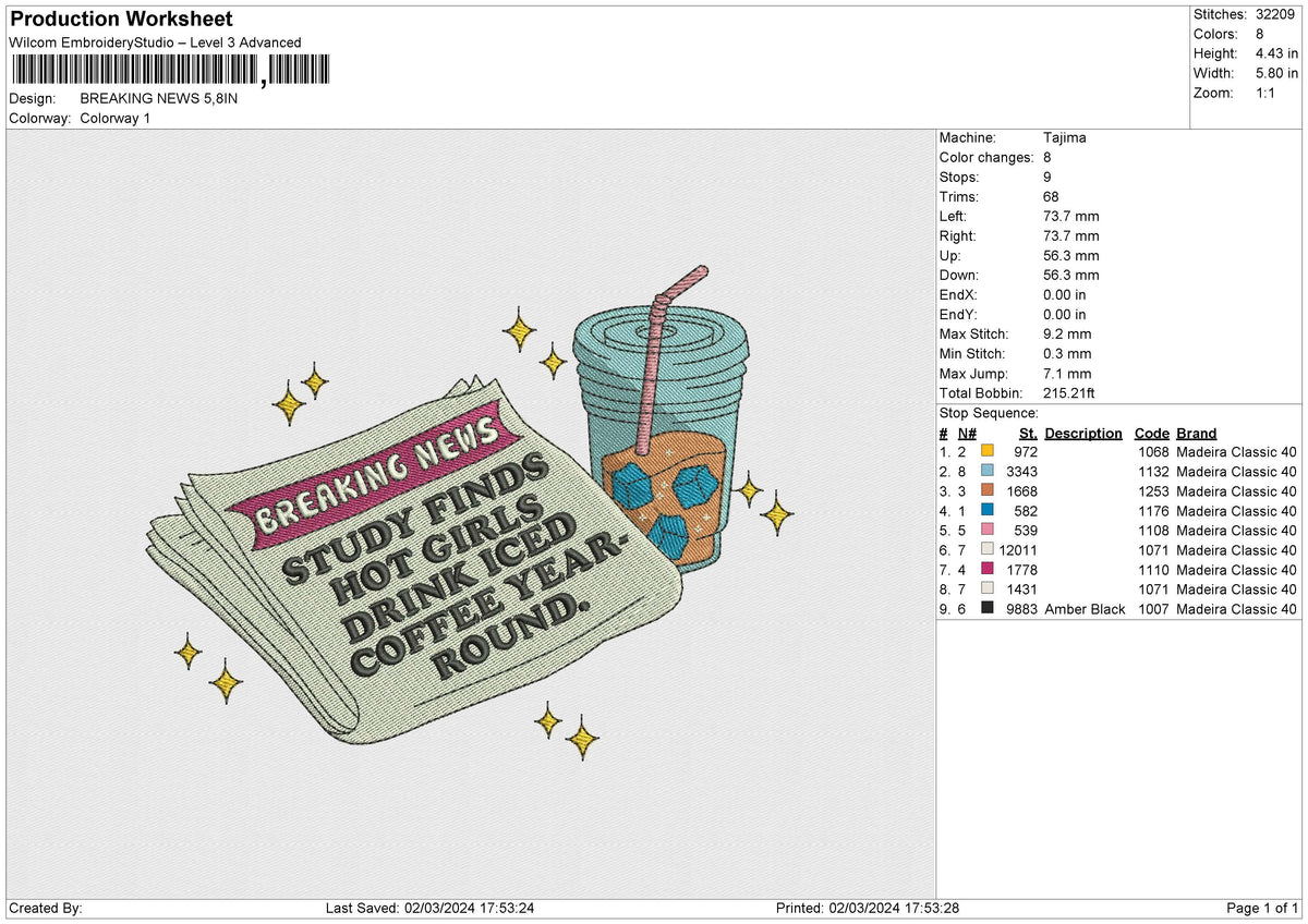 BREAKING NEWS Embroidery File 6 size