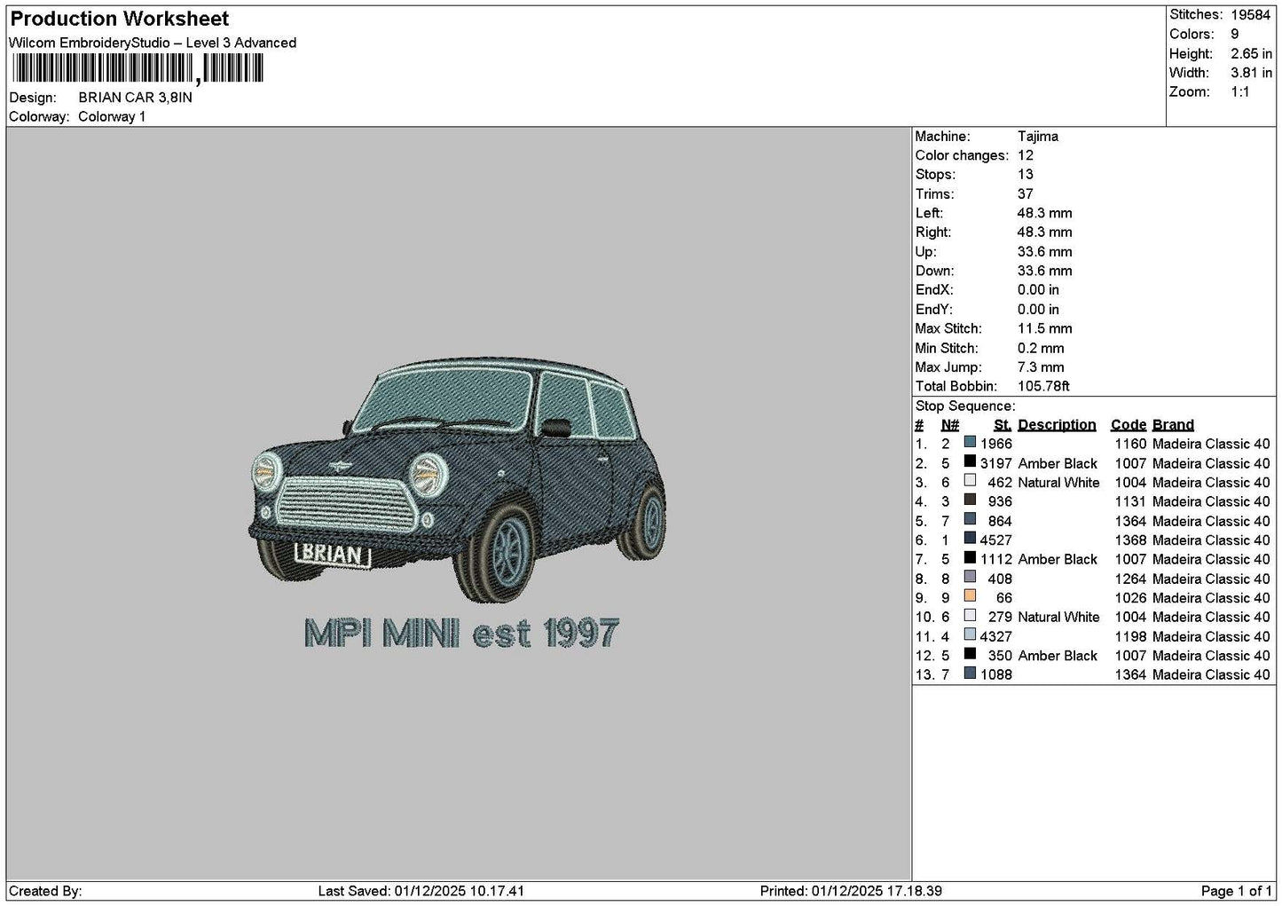 Brian Car Embroidery File 6 sizes