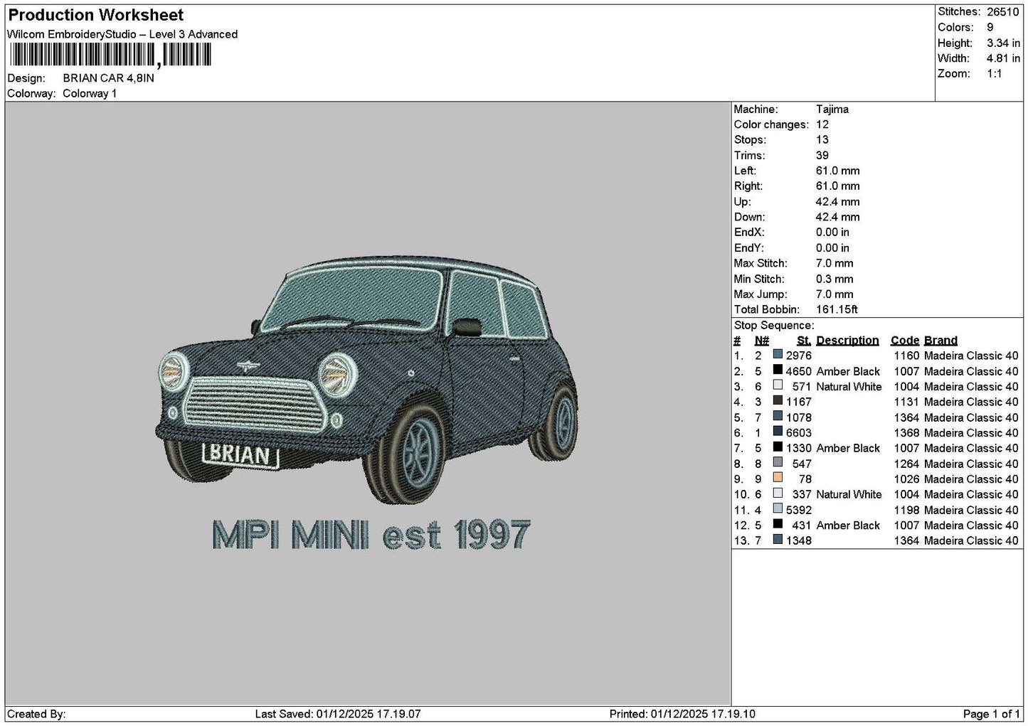 Brian Car Embroidery File 6 sizes