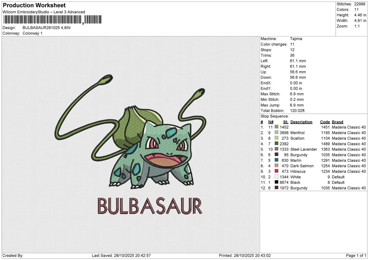 BULBASAUR281025 Embroidery File 6 size