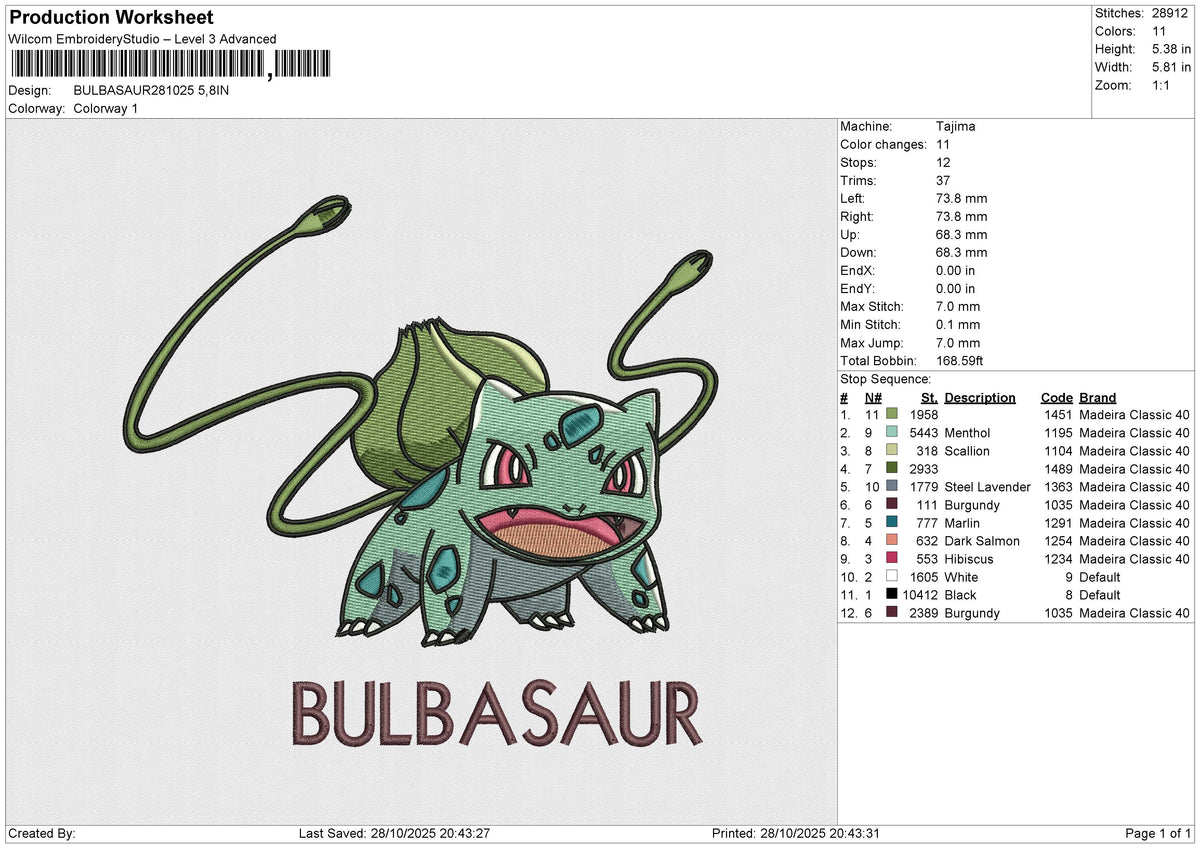 BULBASAUR281025 Embroidery File 6 size