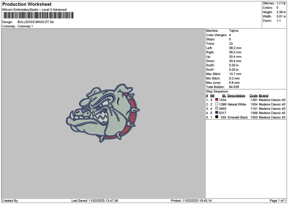 Bulldogs Head 02 Embroidery File 6 sizes