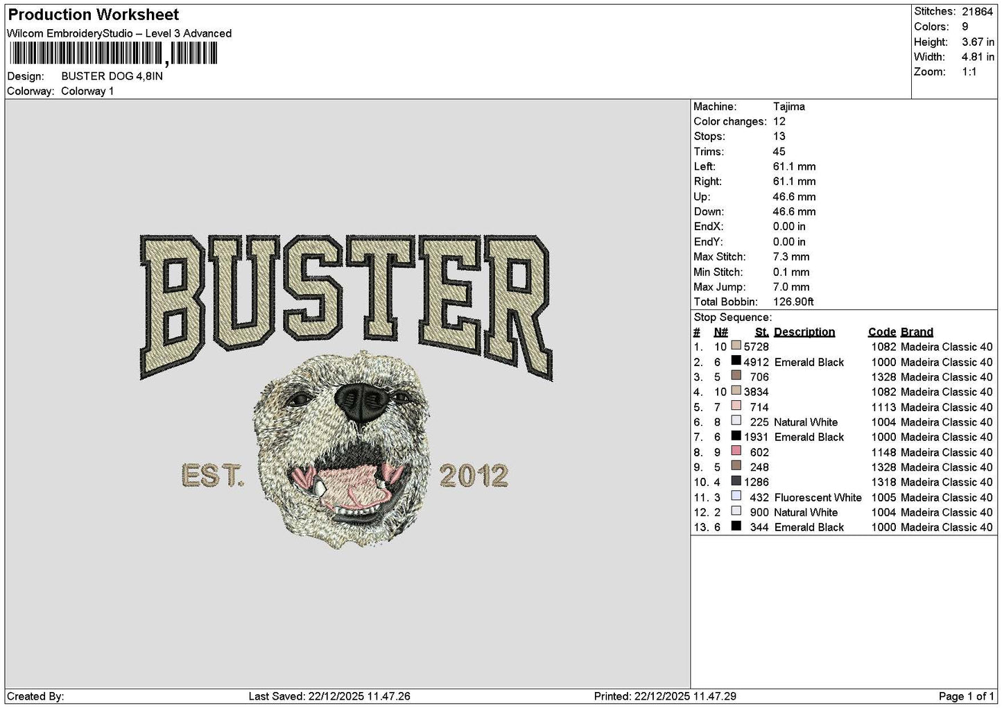 Buster Dog V2 Embroidery File 6 sizes