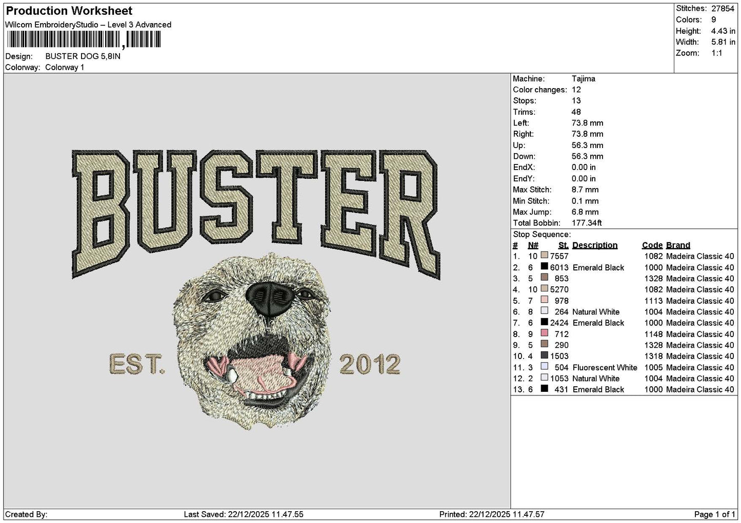 Buster Dog V2 Embroidery File 6 sizes